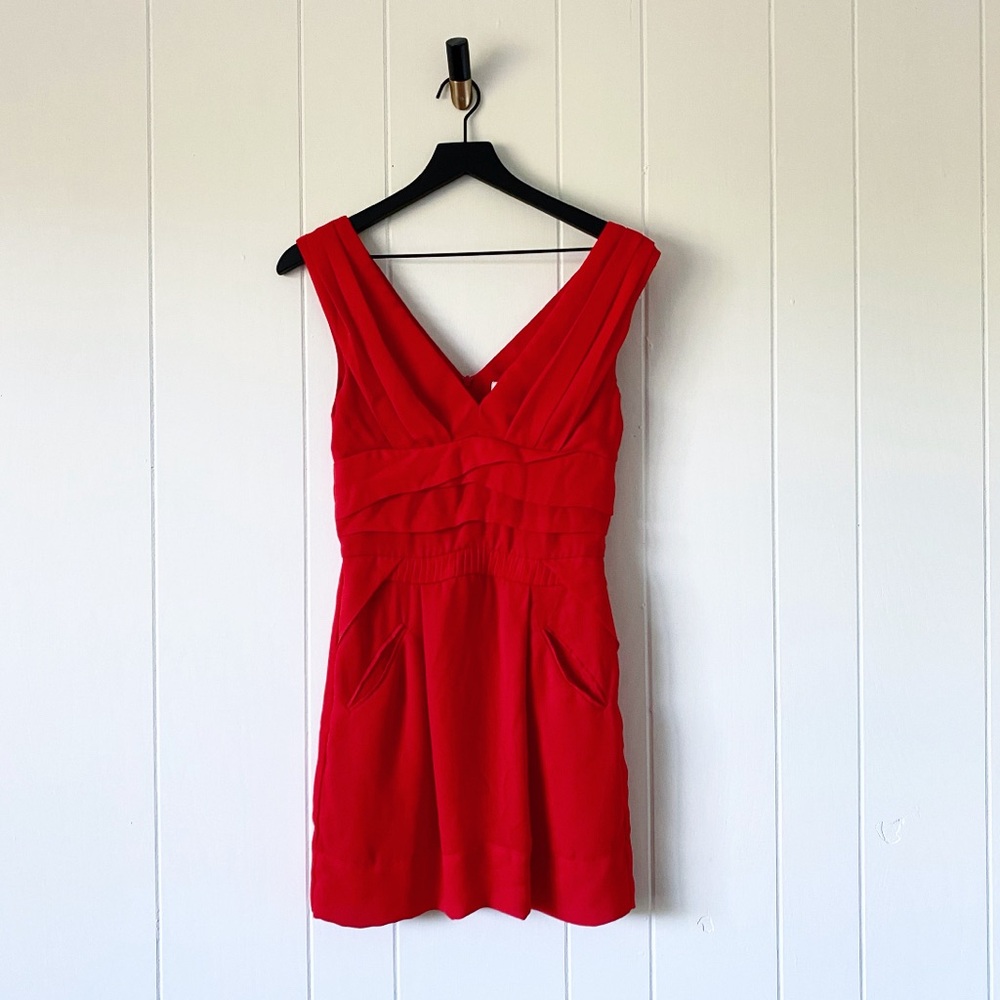 BCBGeneration Red Hot Sleeveless V-Neck Mini Dress with Textured Layers